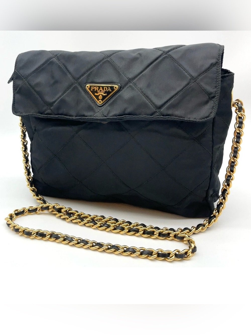 Prada Plate Quilted Tessuto Black/ Nylon Chain Shoulder Bag - Picture 1 of 12